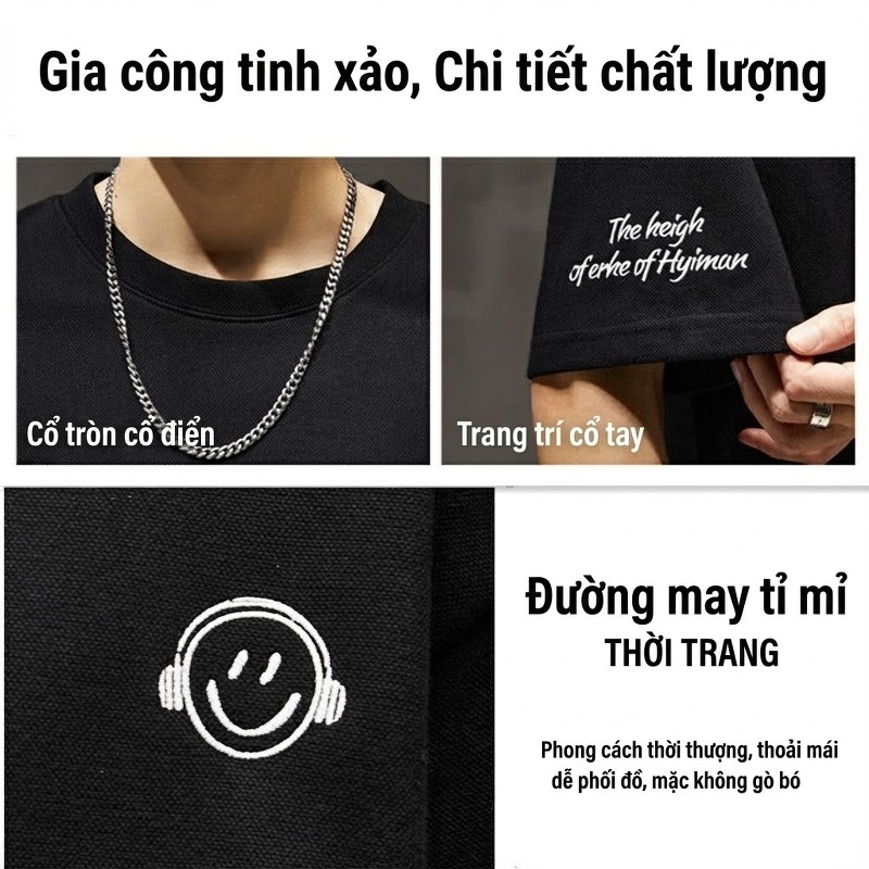 Áo Thun Nam Tay Ngắn Cotton Form Rộng In Hình Mặt Cười Màu Đen, Trắng, Cam, Xanh...
