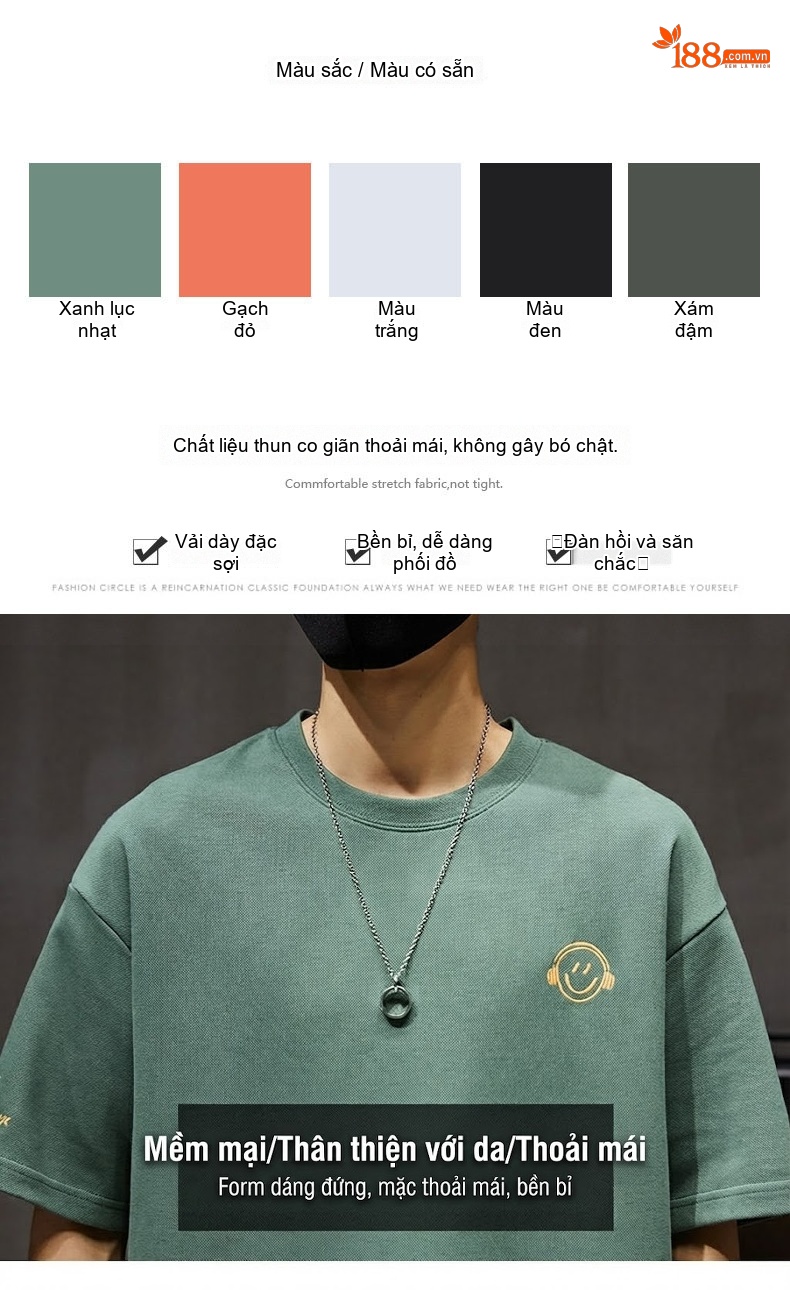Áo Thun Nam Tay Ngắn Cotton Form Rộng In Hình Mặt Cười Màu Đen, Trắng, Cam, Xanh... chi tiết 3