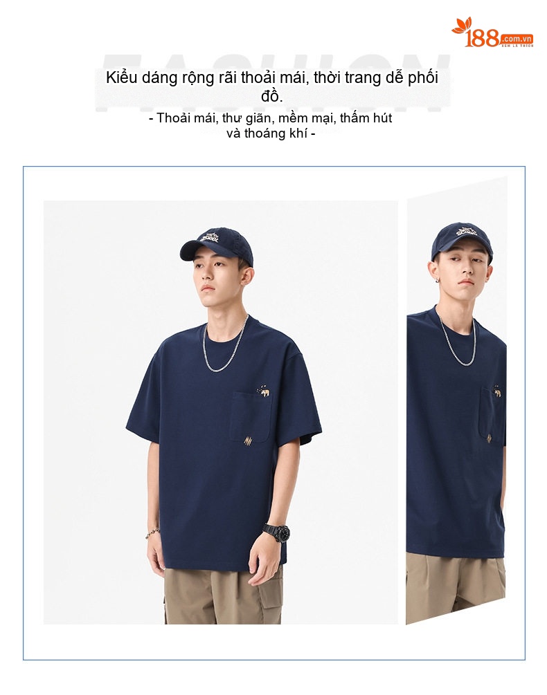 Áo Thun Nam Tay Ngắn Waffle Cotton Polyester 260g Chống Nhăn Thêu Hình, Form Rộng Màu Trắng, Xanh Navy chi tiết 2
