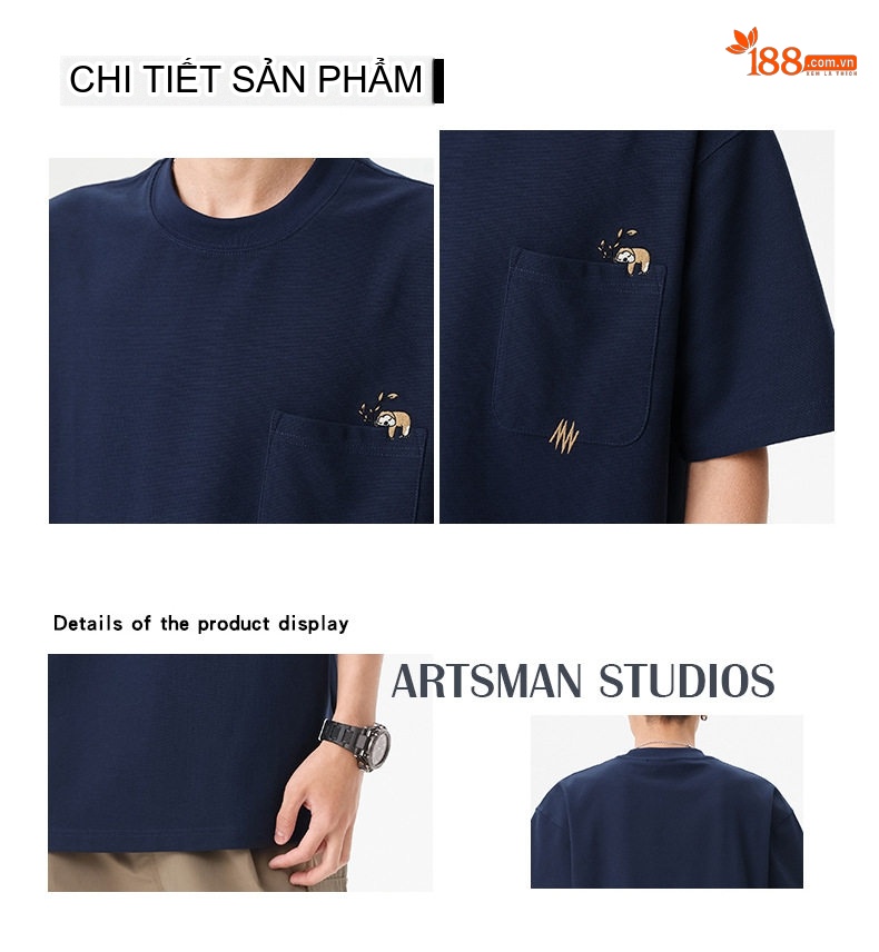 Áo Thun Nam Tay Ngắn Waffle Cotton Polyester 260g Chống Nhăn Thêu Hình, Form Rộng Màu Trắng, Xanh Navy chi tiết 3