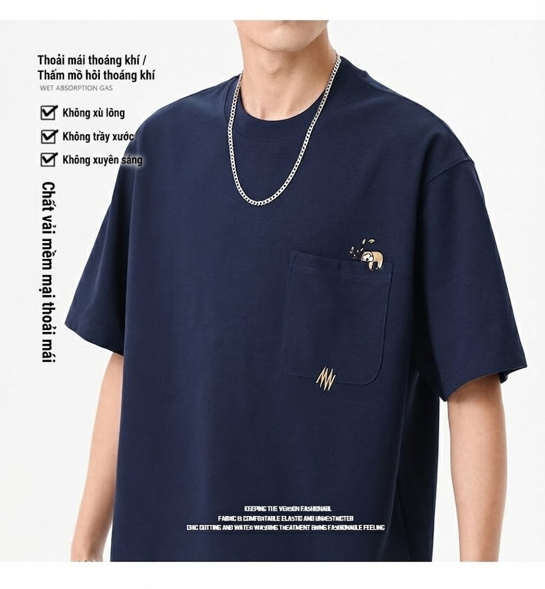 Áo Thun Nam Tay Ngắn Waffle Cotton Polyester 260g Chống Nhăn Thêu Hình, Form Rộng Màu Trắng, Xanh Navy chi tiết 5
