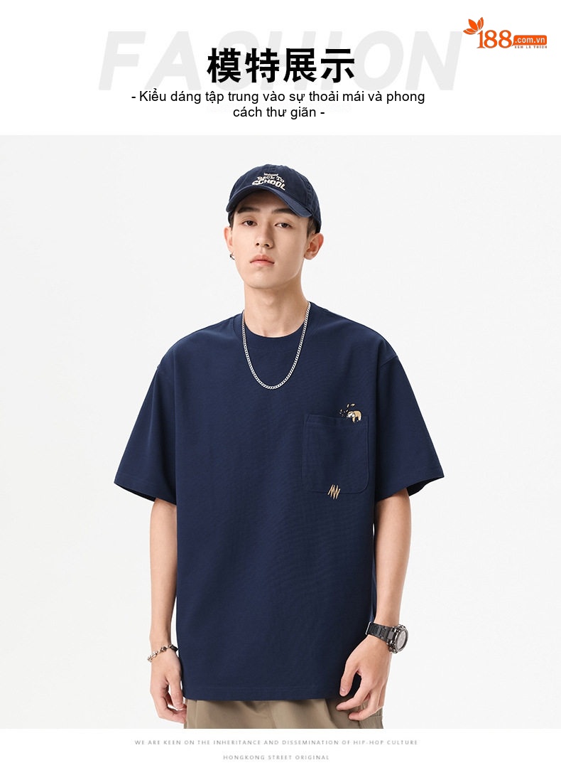 Áo Thun Nam Tay Ngắn Waffle Cotton Polyester 260g Chống Nhăn Thêu Hình, Form Rộng Màu Trắng, Xanh Navy chi tiết 6