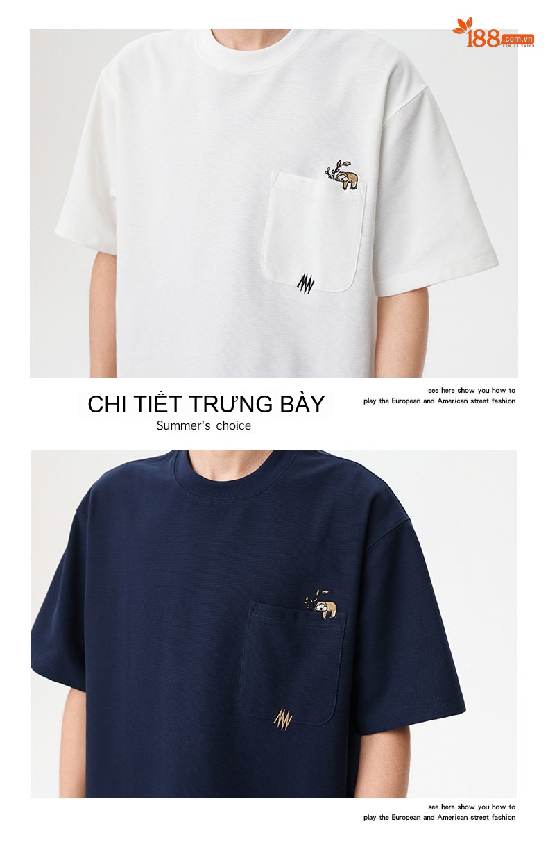 Áo Thun Nam Tay Ngắn Waffle Cotton Polyester 260g Chống Nhăn Thêu Hình, Form Rộng Màu Trắng, Xanh Navy chi tiết 15
