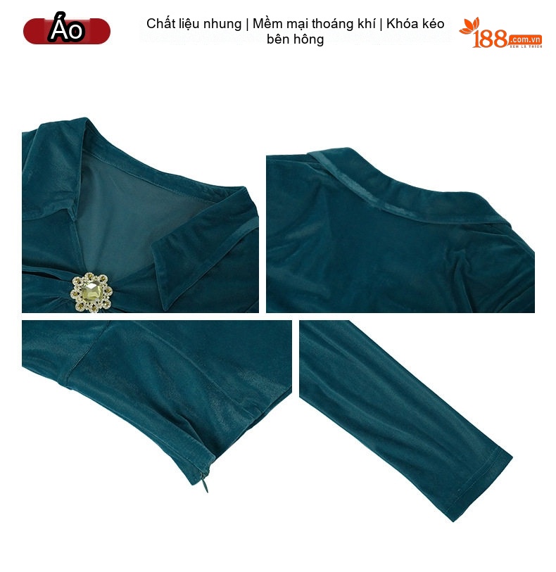 Áo Thun Nữ Dài Tay Cổ Bẻ Thiết Kế Ôm Dáng Chất Liệu Vải Nhung Màu Xanh chi tiết 3