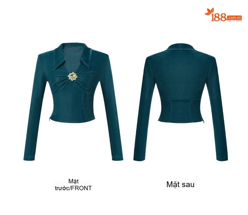 Áo Thun Nữ Dài Tay Cổ Bẻ Thiết Kế Ôm Dáng Chất Liệu Vải Nhung Màu Xanh chi tiết 4