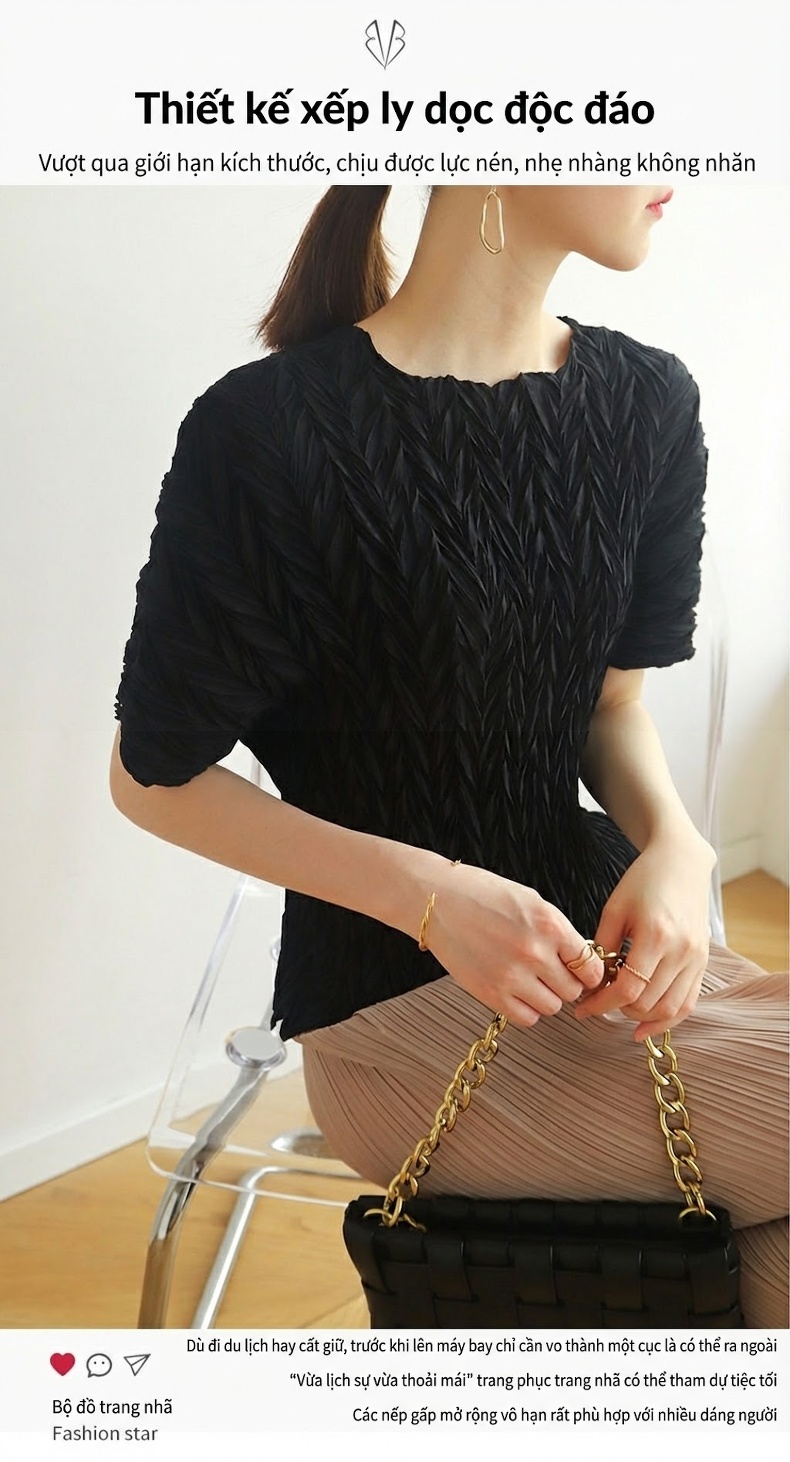 Áo Thun Nữ Issey Miyake Pleats Tay Ngắn Thiết Kế Thanh Lịch Màu Kem, Hồng, Đen, Xám... chi tiết 1