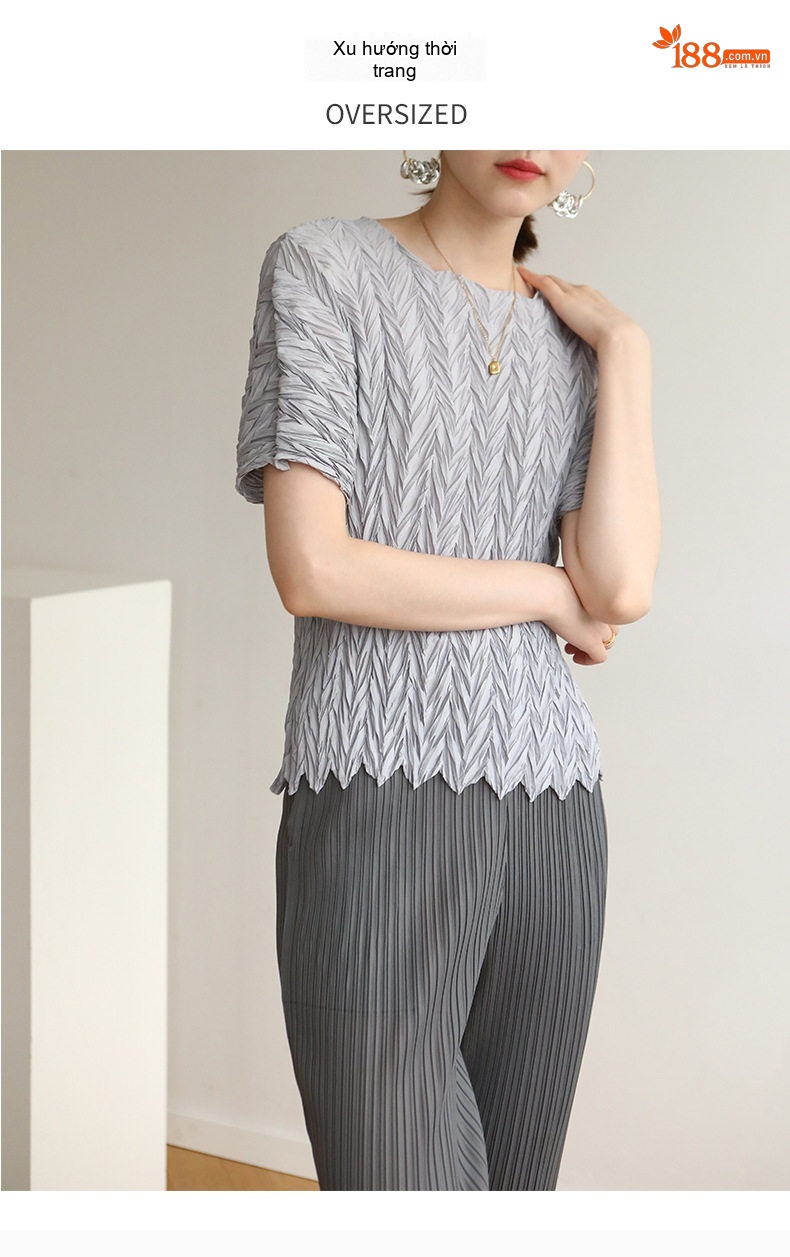 Áo Thun Nữ Issey Miyake Pleats Tay Ngắn Thiết Kế Thanh Lịch Màu Kem, Hồng, Đen, Xám... chi tiết 2