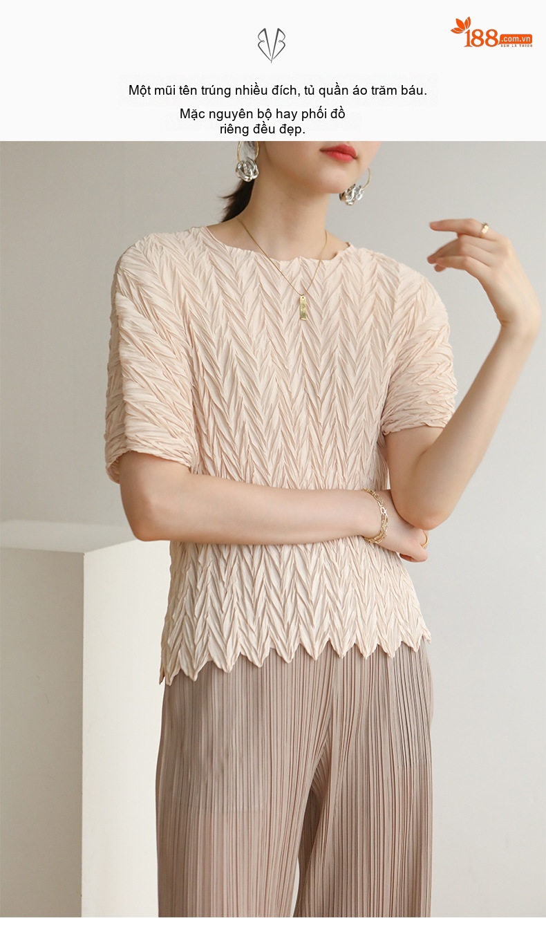 Áo Thun Nữ Issey Miyake Pleats Tay Ngắn Thiết Kế Thanh Lịch Màu Kem, Hồng, Đen, Xám... chi tiết 3