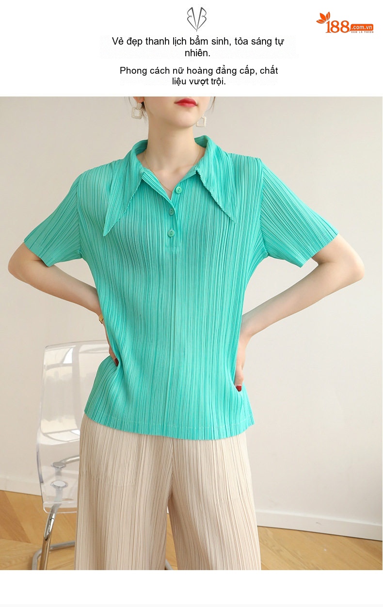 Áo Thun Nữ Miyake Ly Dún Phong Cách Tiểu Thư Thanh Lịch Màu Kem, Xanh, Hồng, Đen... chi tiết 2