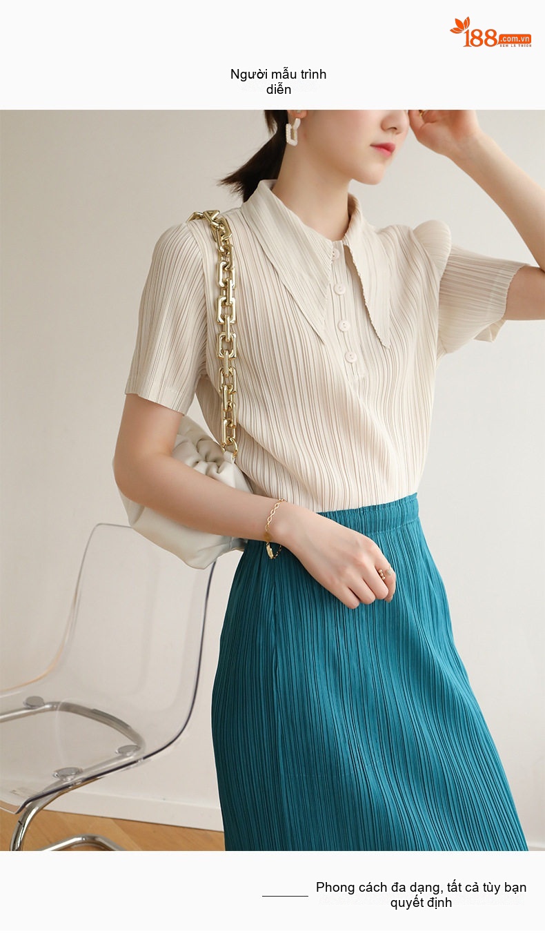Áo Thun Nữ Miyake Ly Dún Phong Cách Tiểu Thư Thanh Lịch Màu Kem, Xanh, Hồng, Đen... chi tiết 3
