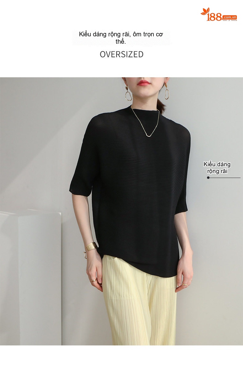 Áo Thun Nữ Miyake Pleats Tay Lỡ Thiết Kế Xếp Ly Màu Xanh, Hồng, Đen, Xám... chi tiết 2