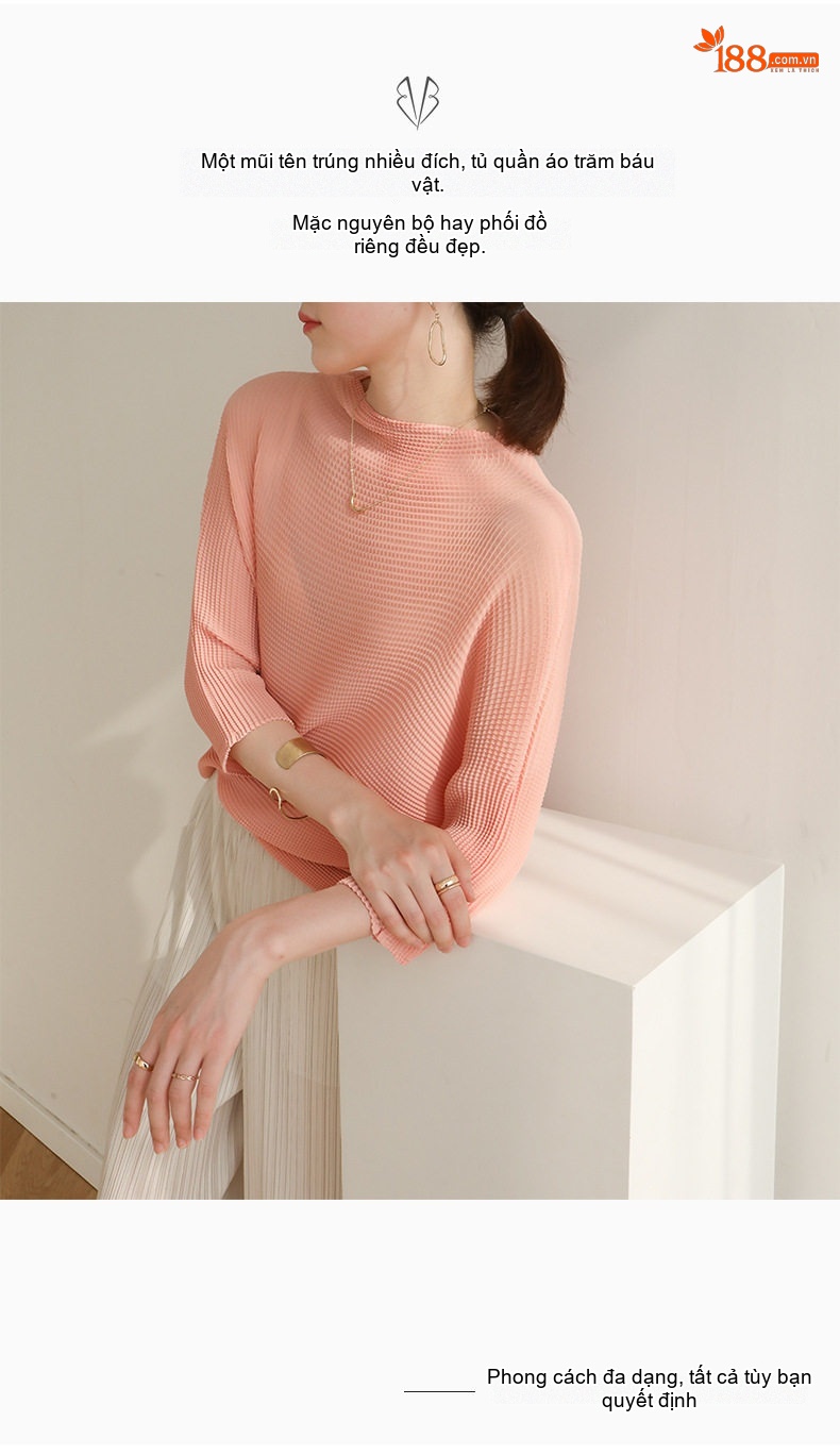 Áo Thun Nữ Miyake Pleats Tay Lỡ Thiết Kế Xếp Ly Màu Xanh, Hồng, Đen, Xám... chi tiết 3