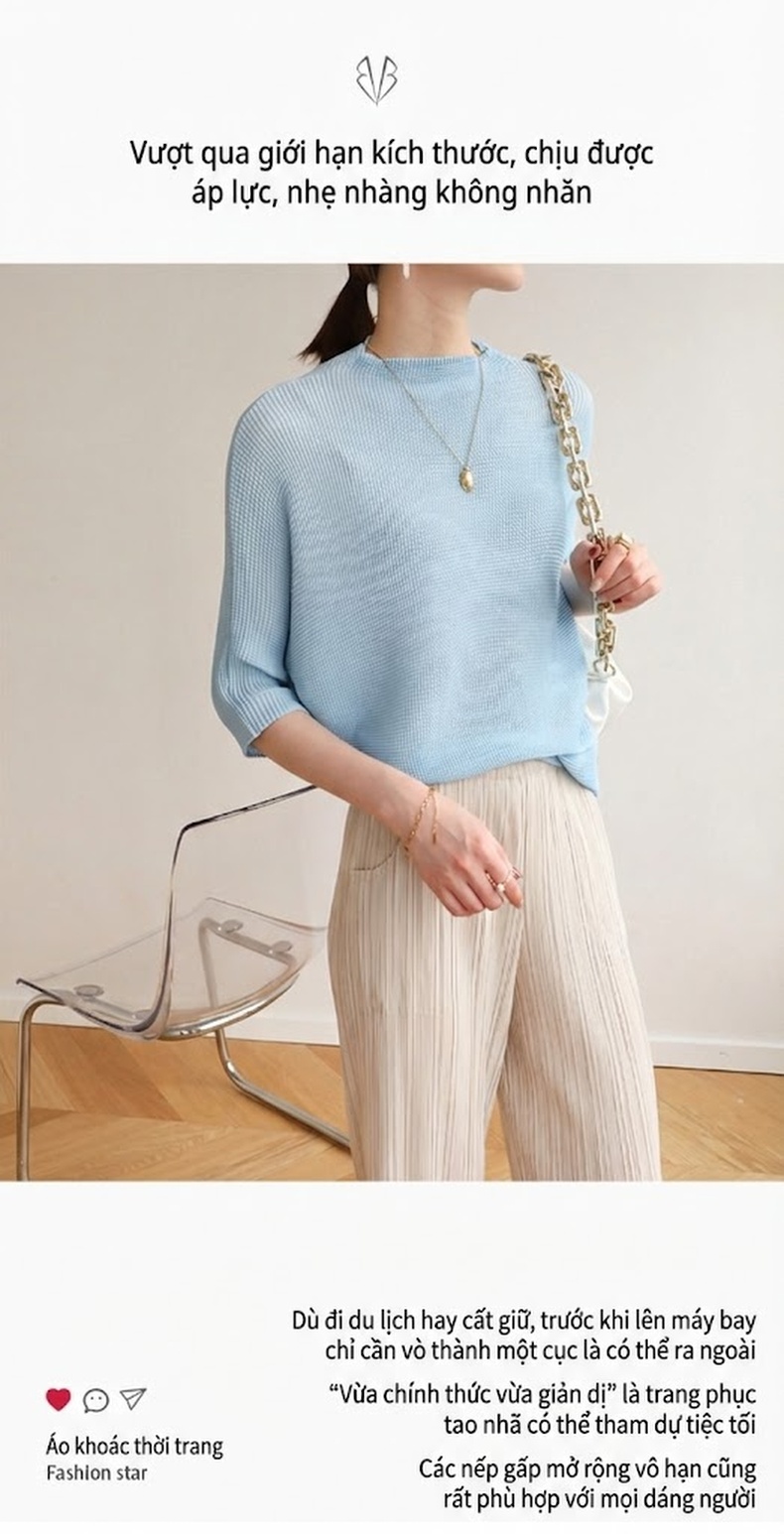 Áo Thun Nữ Miyake Pleats Tay Lỡ Thiết Kế Xếp Ly Màu Xanh, Hồng, Đen, Xám... chi tiết 4