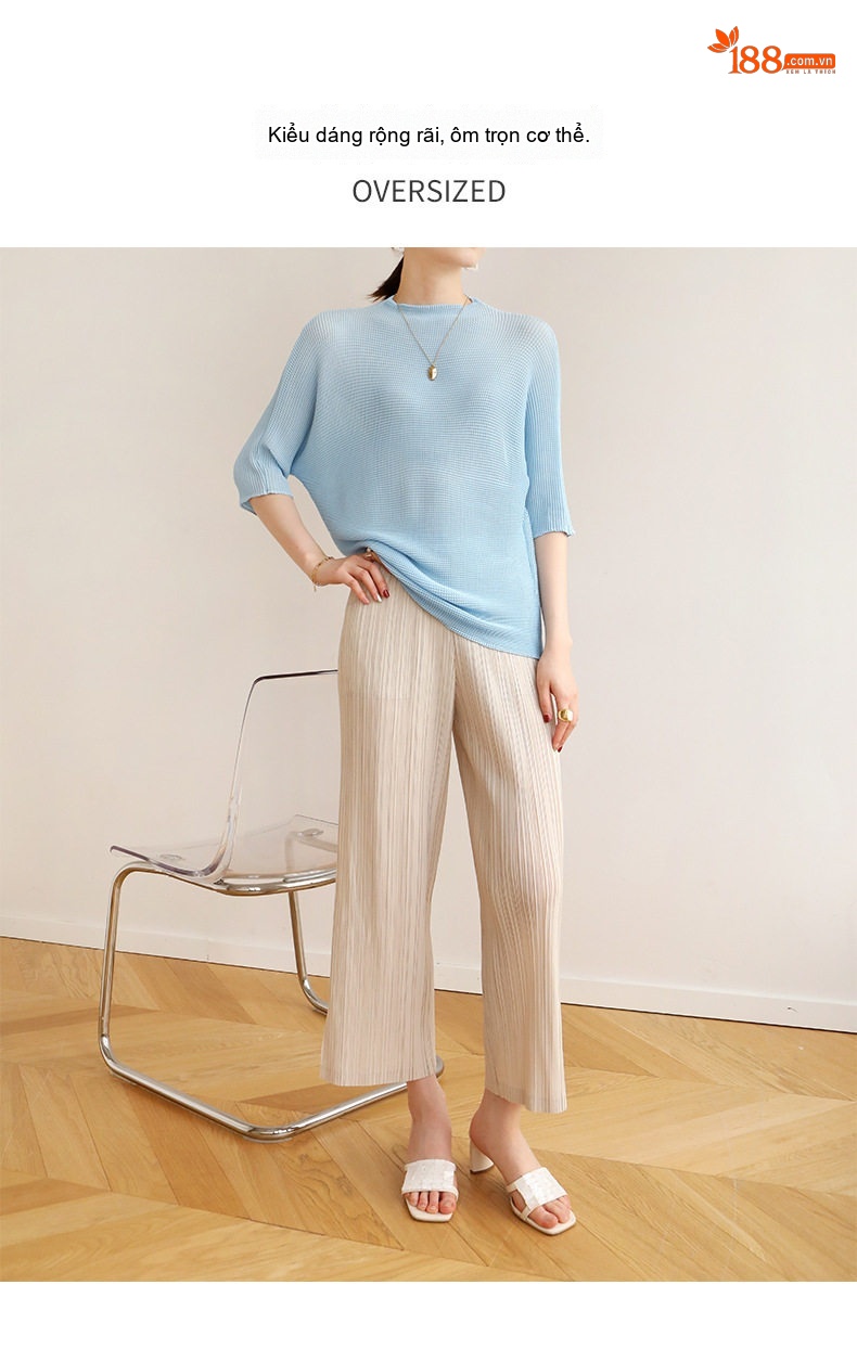 Áo Thun Nữ Miyake Pleats Tay Lỡ Thiết Kế Xếp Ly Màu Xanh, Hồng, Đen, Xám... chi tiết 5