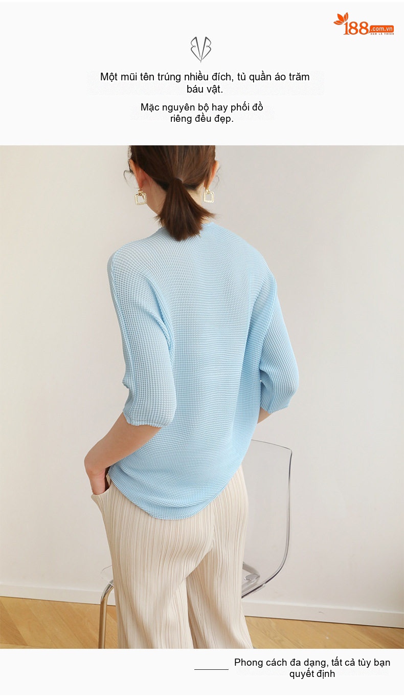 Áo Thun Nữ Miyake Pleats Tay Lỡ Thiết Kế Xếp Ly Màu Xanh, Hồng, Đen, Xám... chi tiết 6