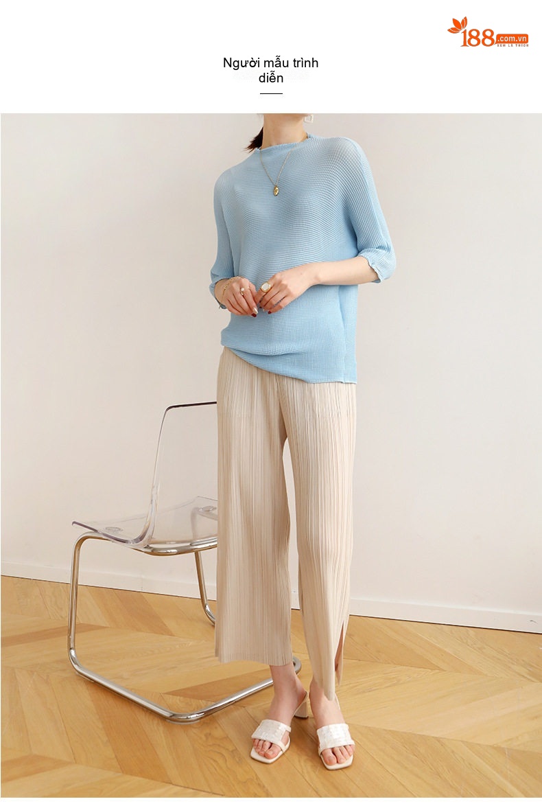 Áo Thun Nữ Miyake Pleats Tay Lỡ Thiết Kế Xếp Ly Màu Xanh, Hồng, Đen, Xám... chi tiết 7