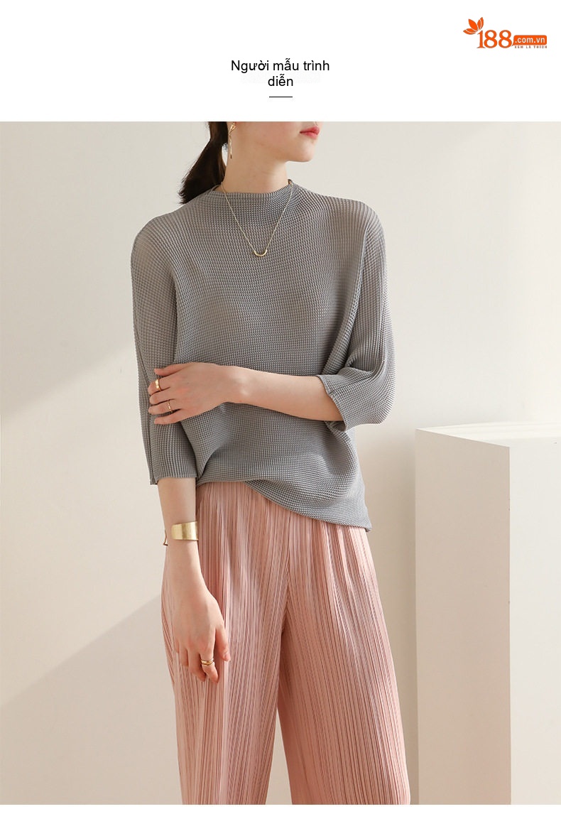 Áo Thun Nữ Miyake Pleats Tay Lỡ Thiết Kế Xếp Ly Màu Xanh, Hồng, Đen, Xám... chi tiết 9