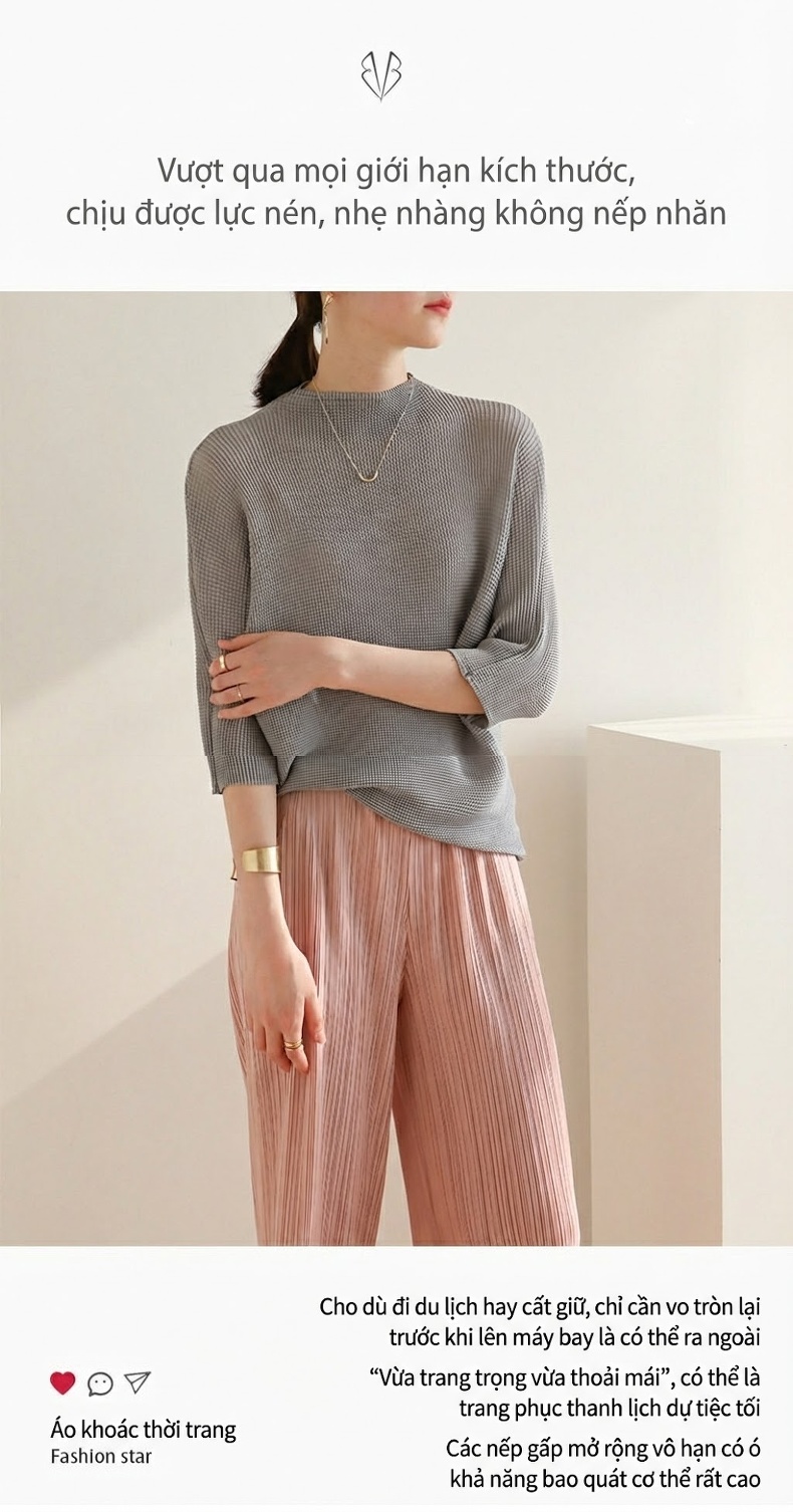 Áo Thun Nữ Miyake Pleats Tay Lỡ Thiết Kế Xếp Ly Màu Xanh, Hồng, Đen, Xám... chi tiết 1