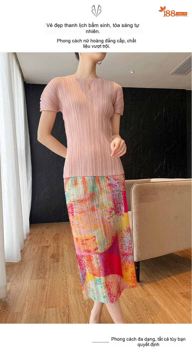 Áo Thun Nữ Miyake Pleats Thiết Kế Thanh Lịch Màu Hồng, Xanh Dương, Trắng, Đen... chi tiết 3