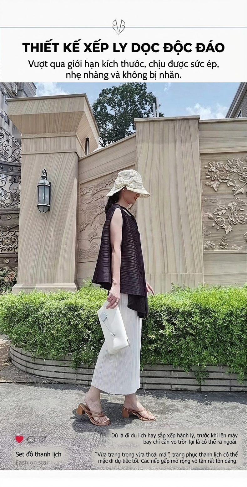 Áo Thun Nữ Pleats Dáng Rộng Không Tay Phong Cách Retro Màu Xanh Nhạt, Kem, Đen, Tím... chi tiết 12