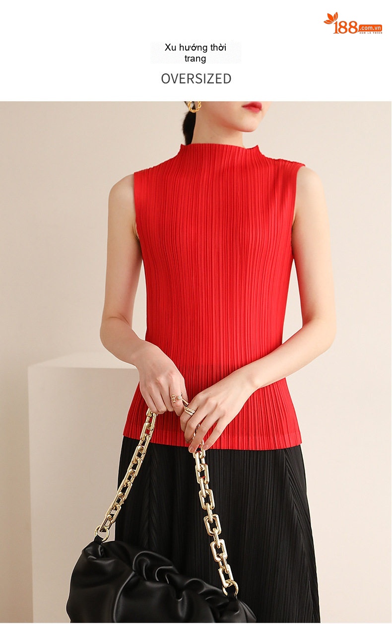 Áo Thun Nữ Pleats Tam Trạch Cổ Cao Không Tay Phong Cách Retro Màu Xanh, Kem, Xám, Đỏ... chi tiết 2