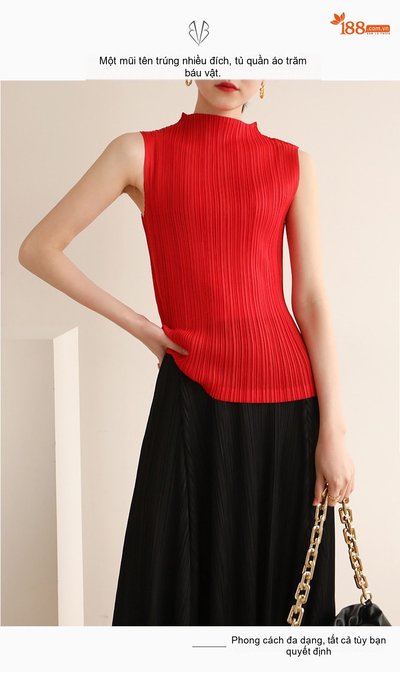 Áo Thun Nữ Pleats Tam Trạch Cổ Cao Không Tay Phong Cách Retro Màu Xanh, Kem, Xám, Đỏ... chi tiết 3