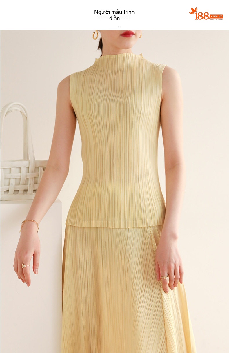 Áo Thun Nữ Pleats Tam Trạch Cổ Cao Không Tay Phong Cách Retro Màu Xanh, Kem, Xám, Đỏ... chi tiết 6