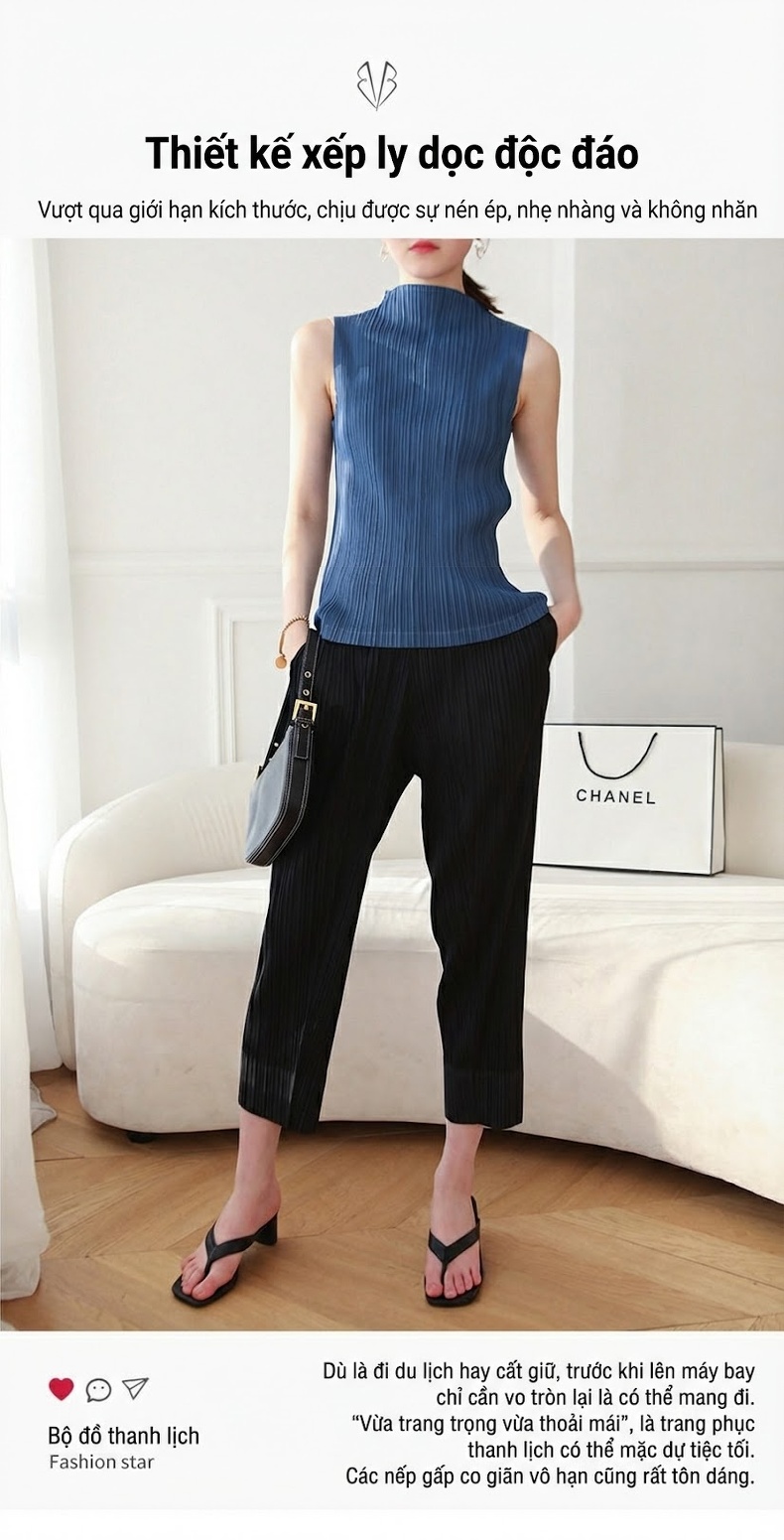 Áo Thun Nữ Pleats Tam Trạch Cổ Cao Không Tay Phong Cách Retro Màu Xanh, Kem, Xám, Đỏ... chi tiết 1