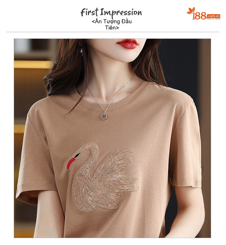 Áo Thun Nữ Tay Ngắn Thêu Thiên Nga Thiết Kế Thời Trang Màu Be, Trắng, Đen, Hồng chi tiết 1