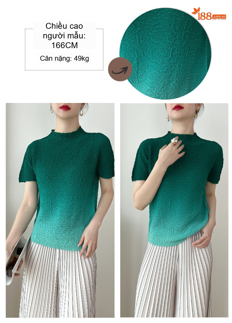 Áo Thun Nữ Tay Ngắn Thiết Kế Nhún Bèo Ombre Phong Cách Tiểu Thư Màu Đen, Xanh Lá, Xanh Dương, Hồng chi tiết 8
