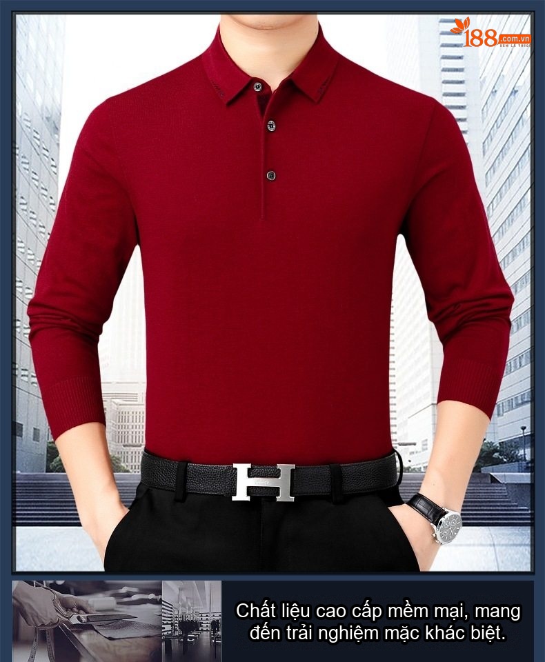 Áo Thun Polo Nam Dài Tay Dệt Kim Cotton Lông Cừu Mềm Mại Màu Đen, Xám, Đỏ, Xanh Navy... chi tiết 1