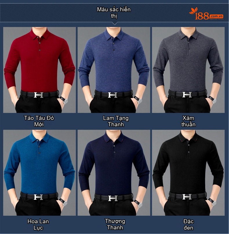Áo Thun Polo Nam Dài Tay Dệt Kim Cotton Lông Cừu Mềm Mại Màu Đen, Xám, Đỏ, Xanh Navy... chi tiết 10