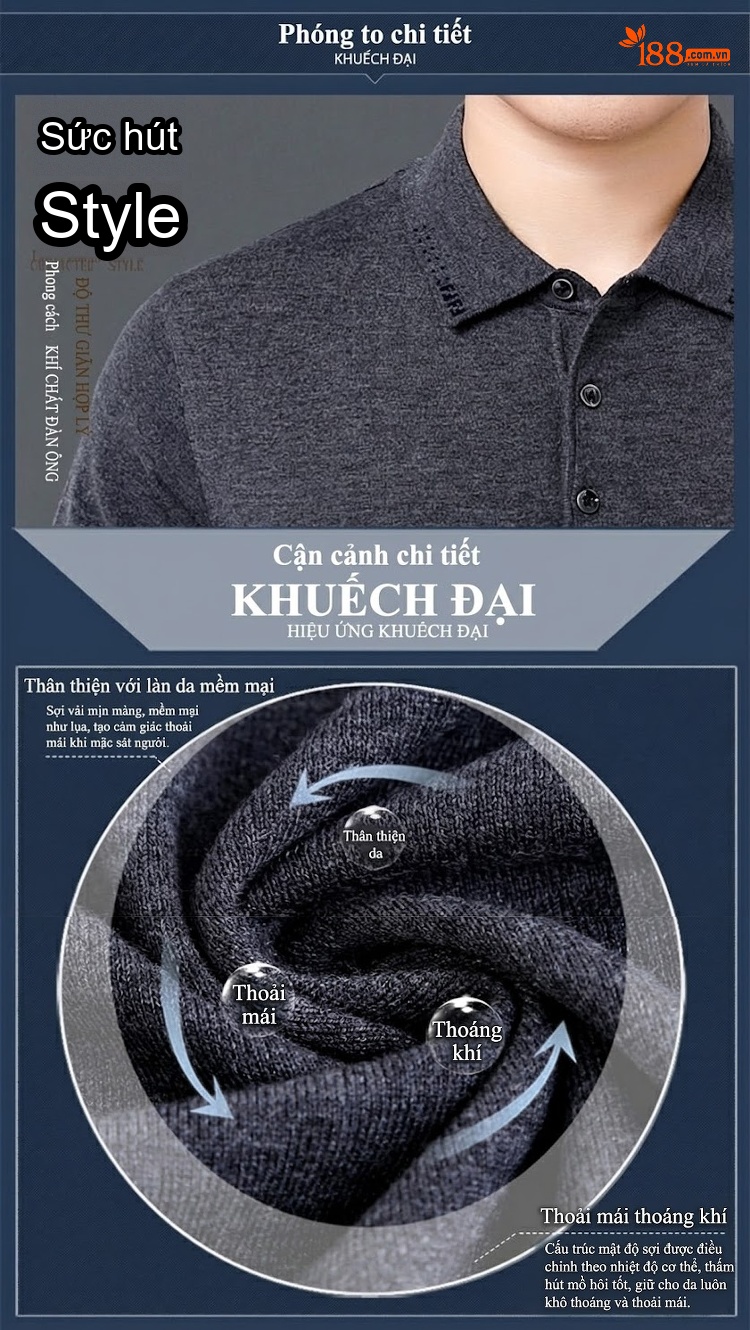 Áo Thun Polo Nam Dài Tay Dệt Kim Lông Dê Miễn Nhăn Phong Cách Doanh Nhân Màu Đen, Xám, Đỏ, Xanh... chi tiết 2