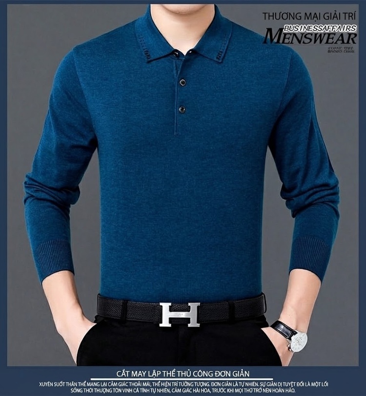 Áo Thun Polo Nam Dài Tay Dệt Kim Lông Dê Miễn Nhăn Phong Cách Doanh Nhân Màu Đen, Xám, Đỏ, Xanh... chi tiết 13
