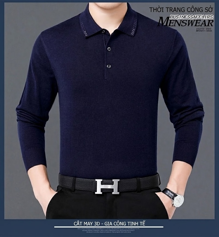 Áo Thun Polo Nam Dài Tay Dệt Kim Lông Dê Miễn Nhăn Phong Cách Doanh Nhân Màu Đen, Xám, Đỏ, Xanh... chi tiết 25