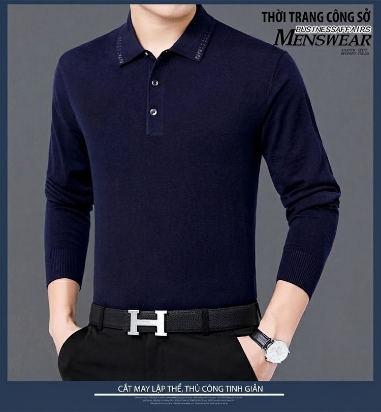 Áo Thun Polo Nam Dài Tay Dệt Kim Lông Dê Miễn Nhăn Phong Cách Doanh Nhân Màu Đen, Xám, Đỏ, Xanh... chi tiết 27