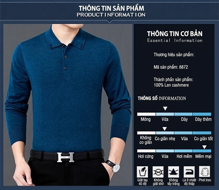 Áo Thun Polo Nam Dài Tay Dệt Kim Lông Dê Miễn Nhăn Phong Cách Doanh Nhân Màu Đen, Xám, Đỏ, Xanh... chi tiết 3