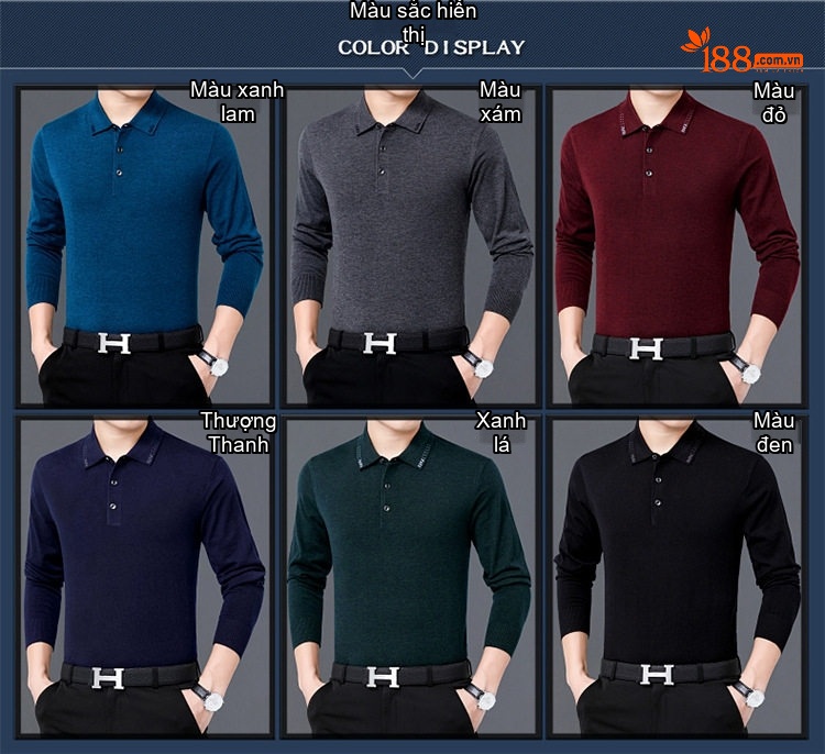 Áo Thun Polo Nam Dài Tay Dệt Kim Lông Dê Miễn Nhăn Phong Cách Doanh Nhân Màu Đen, Xám, Đỏ, Xanh... chi tiết 4