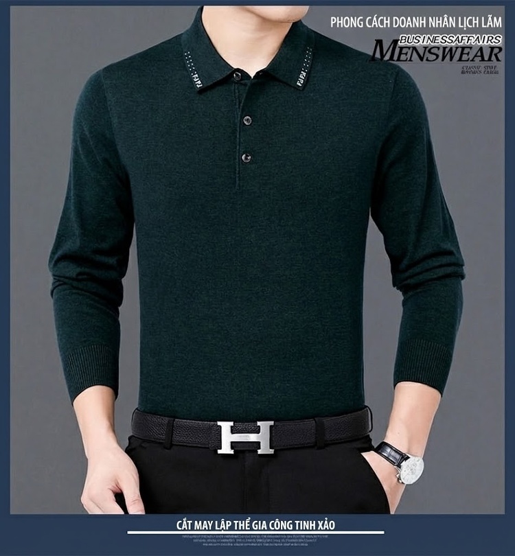 Áo Thun Polo Nam Dài Tay Dệt Kim Lông Dê Miễn Nhăn Phong Cách Doanh Nhân Màu Đen, Xám, Đỏ, Xanh... chi tiết 6