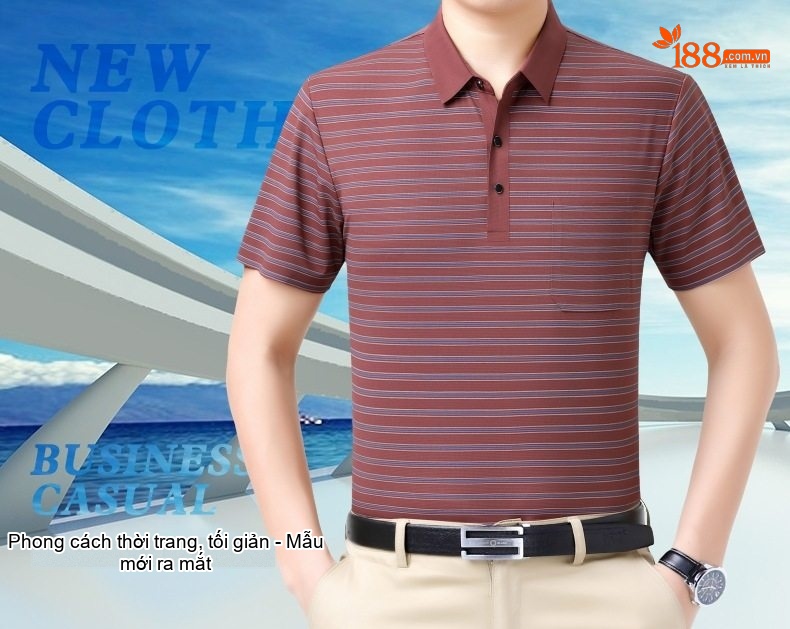 Áo Thun Polo Nam Sọc Ngang Lụa Tằm Cao Cấp, Chống Nhăn, Form Rộng Màu Xanh, Đỏ chi tiết 1