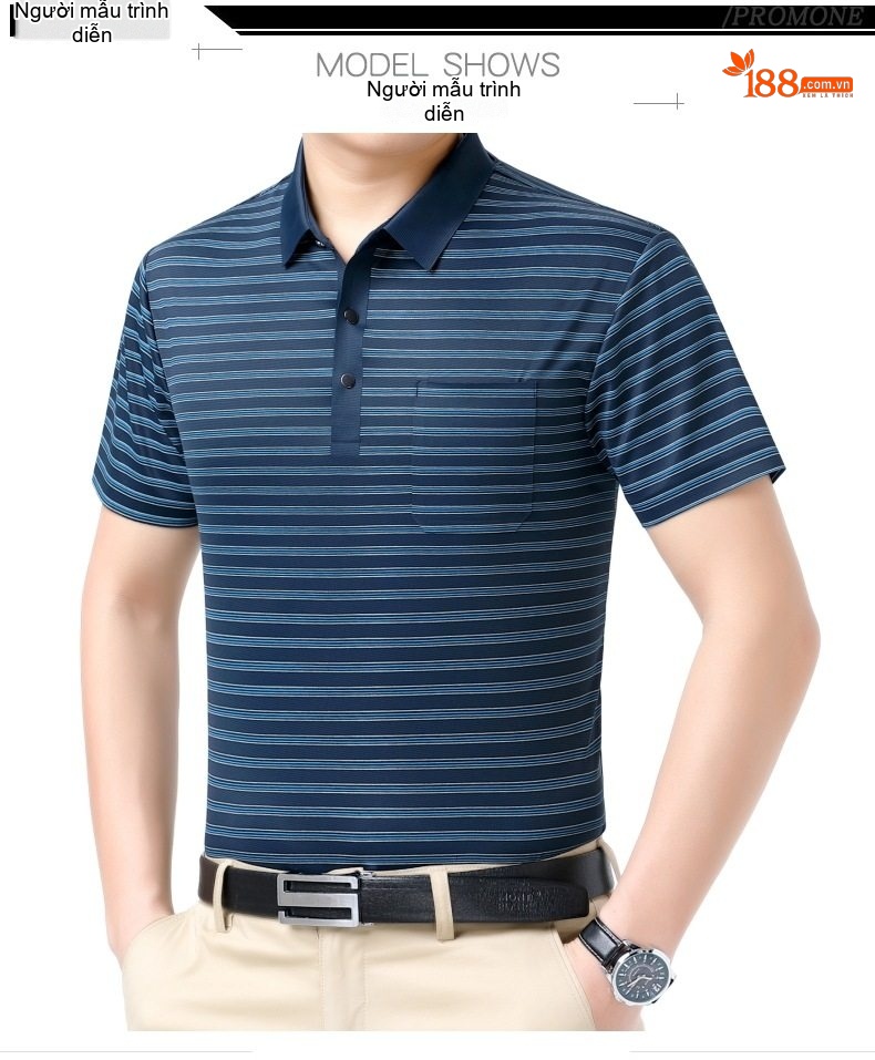 Áo Thun Polo Nam Sọc Ngang Lụa Tằm Cao Cấp, Chống Nhăn, Form Rộng Màu Xanh, Đỏ chi tiết 8