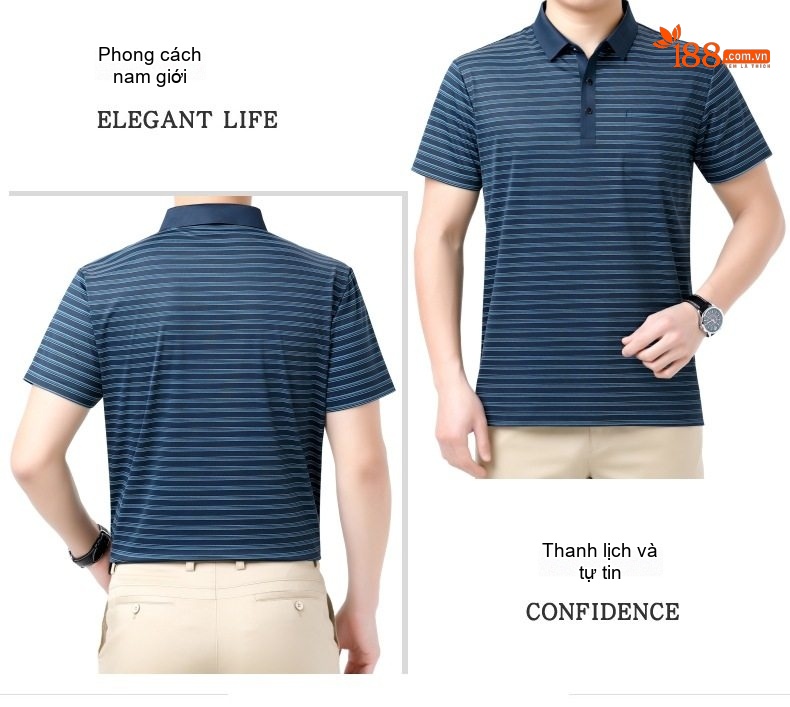 Áo Thun Polo Nam Sọc Ngang Lụa Tằm Cao Cấp, Chống Nhăn, Form Rộng Màu Xanh, Đỏ chi tiết 11