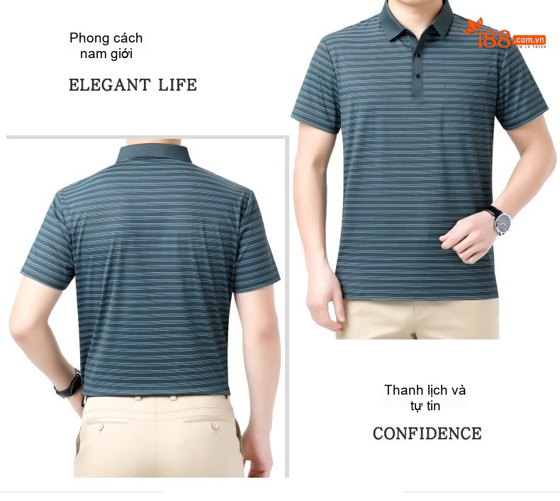 Áo Thun Polo Nam Sọc Ngang Lụa Tằm Cao Cấp, Chống Nhăn, Form Rộng Màu Xanh, Đỏ chi tiết 15