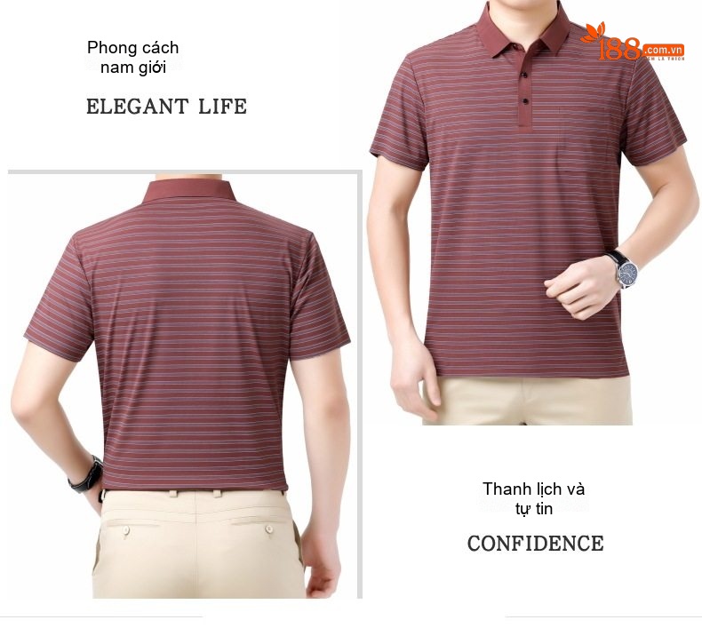 Áo Thun Polo Nam Sọc Ngang Lụa Tằm Cao Cấp, Chống Nhăn, Form Rộng Màu Xanh, Đỏ chi tiết 19