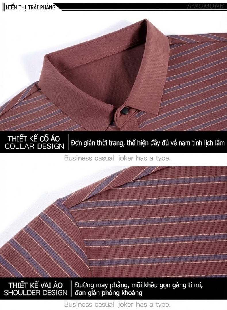 Áo Thun Polo Nam Sọc Ngang Lụa Tằm Cao Cấp, Chống Nhăn, Form Rộng Màu Xanh, Đỏ chi tiết 27