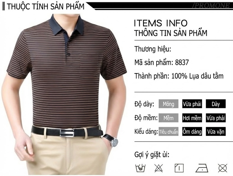 Áo Thun Polo Nam Sọc Ngang Tay Ngắn Chất Liệu Tơ Tằm Cao Cấp Phong Cách Trung Niên Màu Xanh, Nâu chi tiết 6