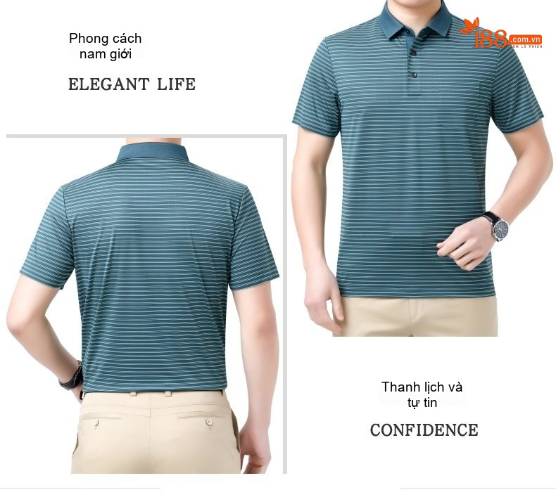 Áo Thun Polo Nam Sọc Ngang Tay Ngắn Chất Liệu Tơ Tằm Cao Cấp Phong Cách Trung Niên Màu Xanh, Nâu chi tiết 11