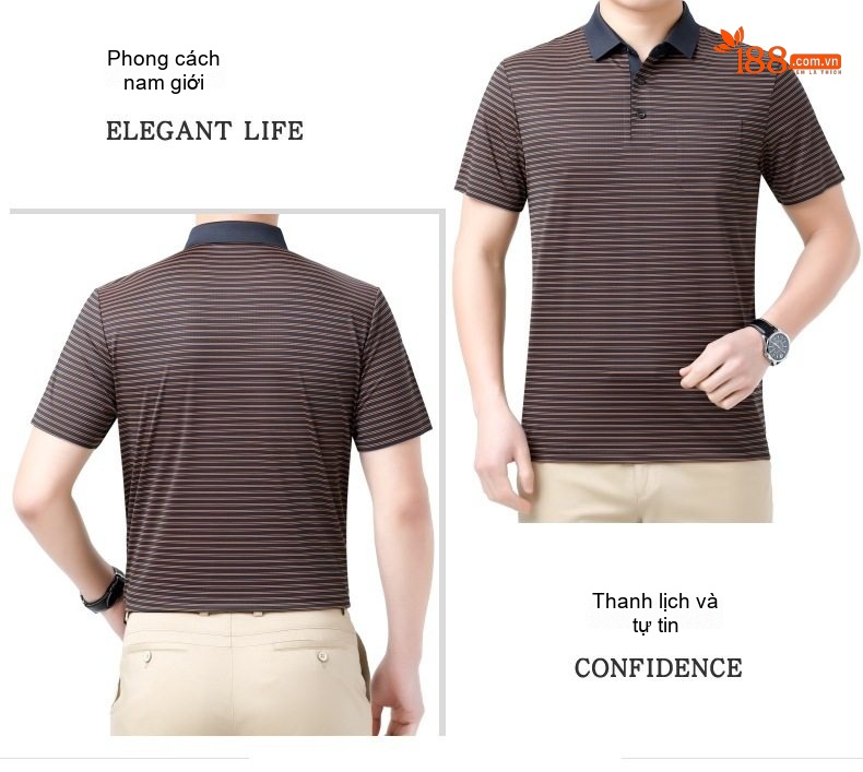 Áo Thun Polo Nam Sọc Ngang Tay Ngắn Chất Liệu Tơ Tằm Cao Cấp Phong Cách Trung Niên Màu Xanh, Nâu chi tiết 15