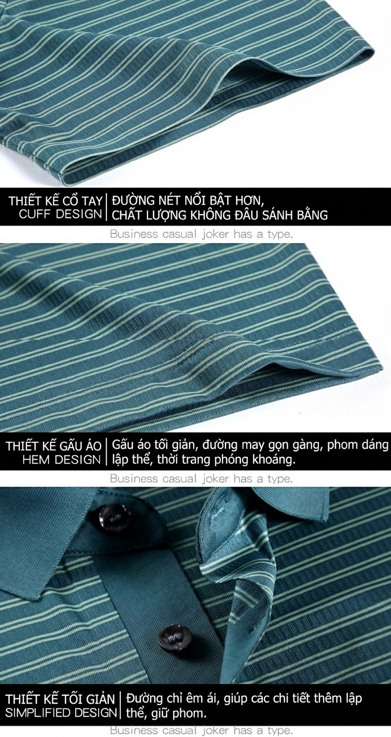 Áo Thun Polo Nam Sọc Ngang Tay Ngắn Chất Liệu Tơ Tằm Cao Cấp Phong Cách Trung Niên Màu Xanh, Nâu chi tiết 22