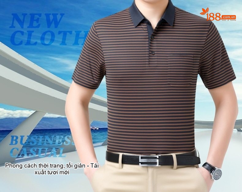 Áo Thun Polo Nam Sọc Ngang Tay Ngắn Chất Liệu Tơ Tằm Cao Cấp Phong Cách Trung Niên Màu Xanh, Nâu chi tiết 1
